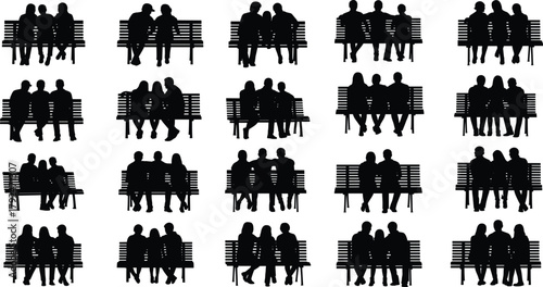Silhouette, people, bench, sitting, conversation, companionship, social, interaction, couple, outline, minimal, graphic, pose, relationship, urban, lifestyle, design, icon, black