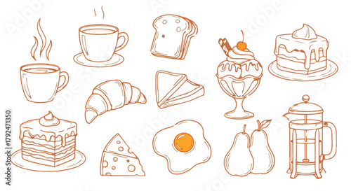 Hand drawn breakfast and cafe food line art icons vector set. isolated on Transparent Background