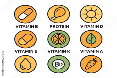 Collection of nine circular icons representing vitamins and nutrients for health