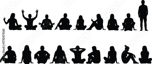 Silhouette, people, seated, standing, pose, gesture, yoga, meditation, posture, body language, black, white, minimal, reference, art, design, figure, human, sitting, relaxing