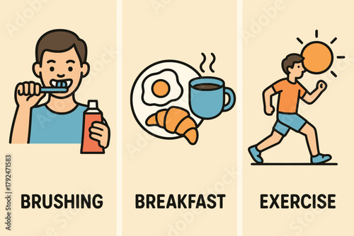Healthy morning routine brushing teeth breakfast and exercise for a good day