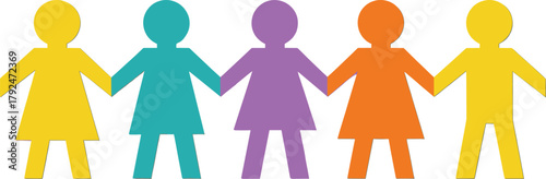 Unity, diversity, inclusion, stylized people, colorful figures, gender equality, teamwork, human connection, community support, vibrant silhouettes, social harmony, abstract group