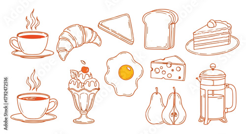Sketch collection of breakfast, pastry, and dessert food items for cafe menu design isolated on Transparent Background