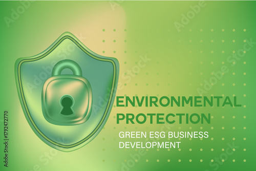 Abstract 3D glass texture security shield with glowing padlock icon, environment protection, green sustainability business, blurred gradient background with copy space. Digital ESG development