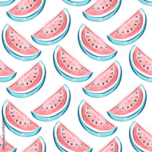 Vibrant summer seamless pattern featuring refreshing watermelon slices, perfect background wallpaper for beach themed celebrations and vacation vibes