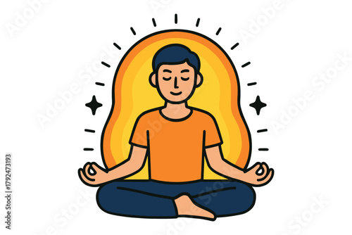 Young man meditating peacefully with glowing aura and radiating energy