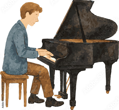 Vector watercolor illustration of a pianist playing the piano