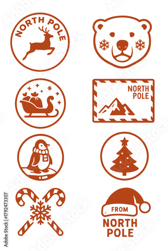 North Pole Christmas stamp icons set: reindeer, sleigh, penguin, tree, candy canes