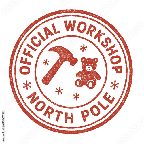 Official North Pole Workshop round stamp with hammer and teddy bear
