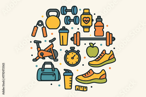 Collection of hand drawn fitness equipment and accessories arranged in a circle