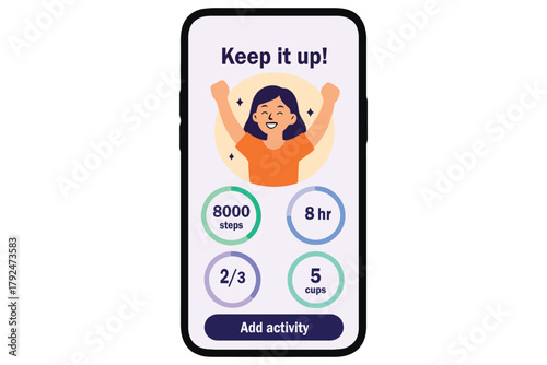Woman celebrating fitness goals on a smartphone app interface