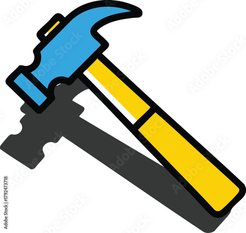 Blue and Yellow Hammer Tool With Black Outline and Shadow On White Background