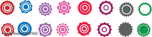 set of colorful Geometric Stamp and Seal Elements. Sun, Wave, and Starburst Badge Shapes