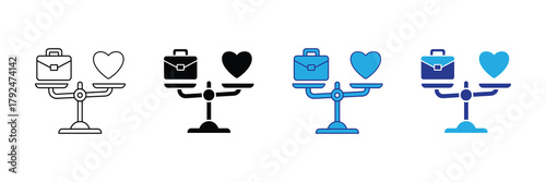 Work-life balance icons with briefcase, heart on scale, career vs personal life equity isolated on white background