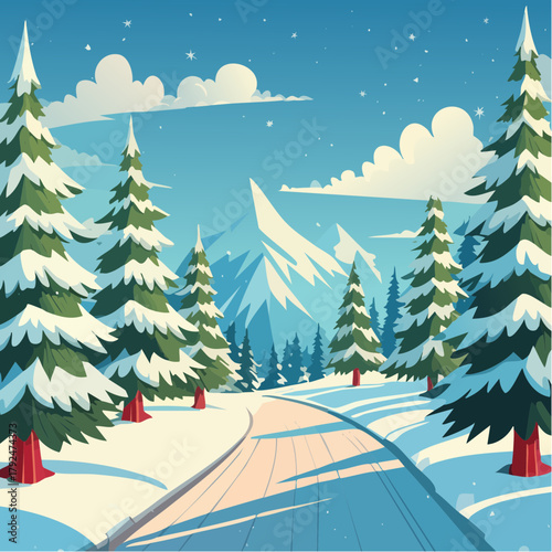 winterliche Landschaft mit Tannen und Bergen - Cartoon Comic Stil