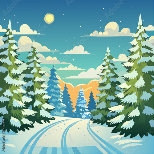 winterliche Landschaft mit Tannen und Bergen - Cartoon Comic Stil