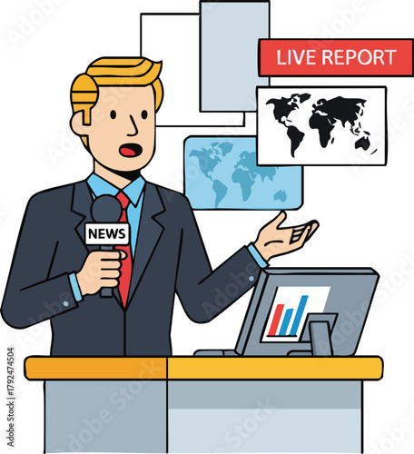 A cartoon news anchor in a suit presents a live report with a graphic world map and laptop in the background, holding a microphone with a news logo, conveying a professional and informative