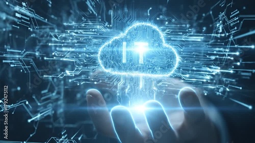 Specialist programmer man holding a glowing cloud computing IT icon in his palm. Digital transformation and storage concept for modern information technology.