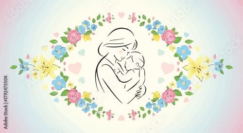 Hand drawn illustration of mother embracing baby surrounded by decorative floral frame for Mother's Day. isolated on Transparent Background