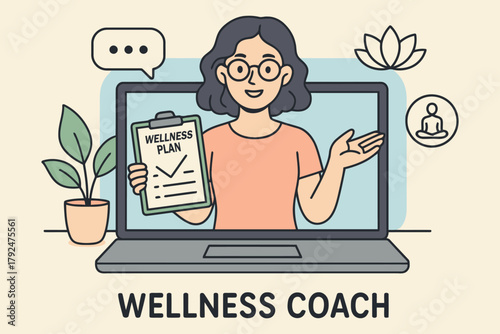 Wellness coach on laptop screen offering advice and support online