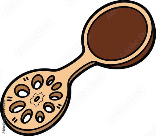 Handcrafted Wooden Spoon with Ornate Perforations Filled with Brown Substance Isolated on White Background