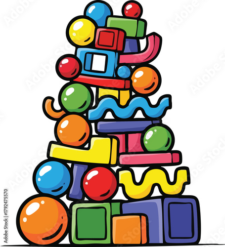 Colorful Stack Of Geometric Building Blocks And Spheres Forming A Tower Against A White Background