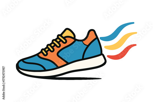 Dynamic blue and orange running shoe with colorful motion trails