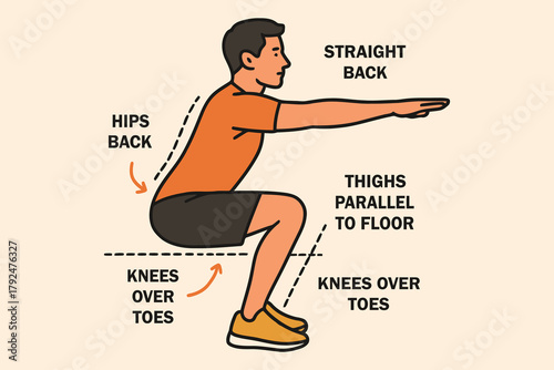 Illustration of proper squat form with labeled body mechanics and instructions
