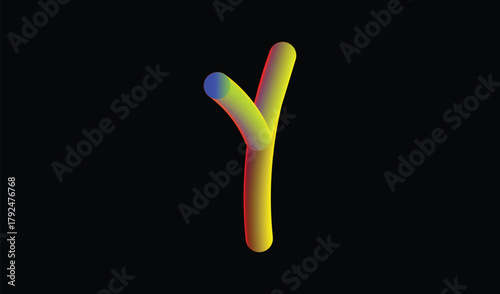 Abstract glowing yellow y shape with blue tips on black background