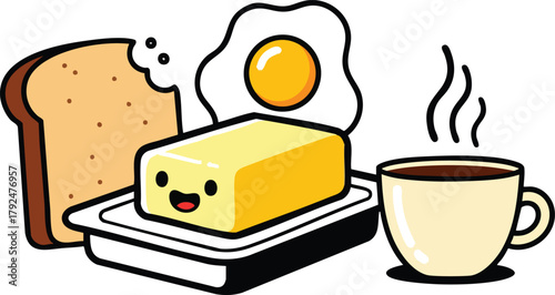 Cute Cartoon Butter Toast Fried Egg and Coffee Cup With Steam Realistic Vector Art