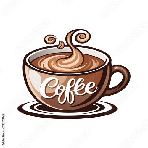 Coffee Cup Illustration Splash Swirls Hot Drink Espresso Cafe Graphic Vector Design Logo Text