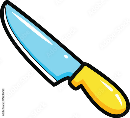 A Light Blue Kitchen Knife With A Yellow Handle Isolated On A White Background