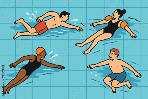 Diverse group of people swimming and enjoying a refreshing pool day