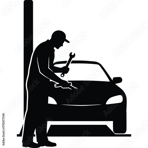 Silhouette of mechanic repairing a car on a lift with wrenches auto service vehicle automobile maintenance worker