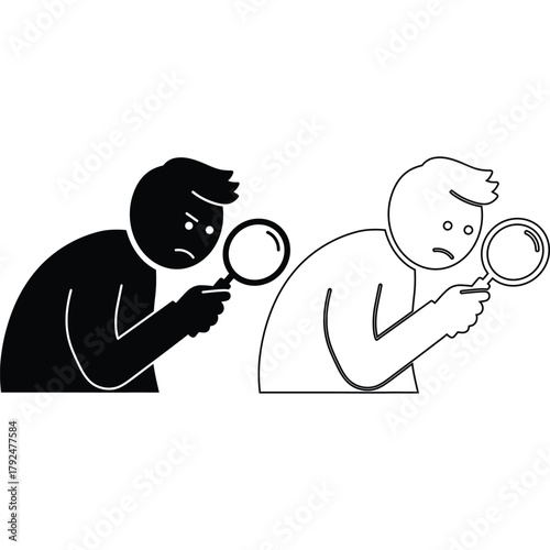 Stick figures with magnifying glass, search concept investigation cartoon detective find look inspect examine