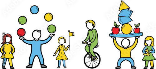 Group Of People Performing Circus Acts With Juggling Unicycle And Balancing Tray