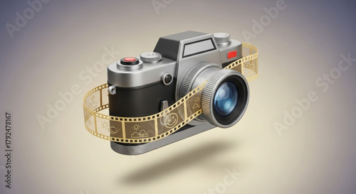 A vintage camera with a film roll wrapped around it, casting a soft shadow on a gradient background, evoking nostalgia and creativity