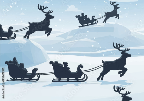 Santa Claus Sleigh Ride with Reindeer in Snowy Landscape.