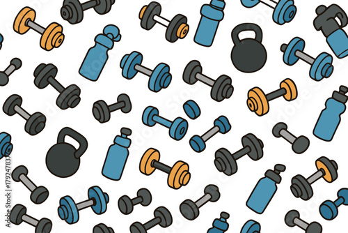 Seamless pattern of fitness equipment and water bottles for workout motivation