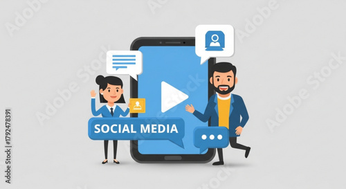 A social media concept, featuring people, a smartphone, and speech bubbles, representing online interaction