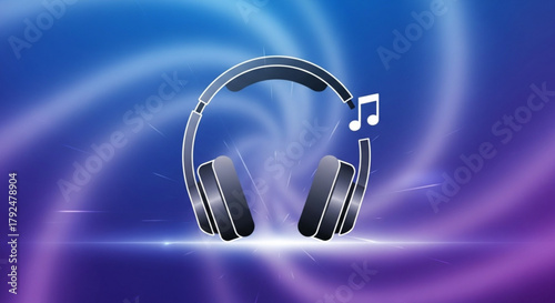 Headphones with music note icon on colorful background, concept for listening to music, podcast, radio, audiobook, or audio streaming service