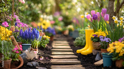 Fototapeta Naklejka Na Ścianę i Meble -  Vibrant garden path with blooming flowers and gardening tools tulips daffodils