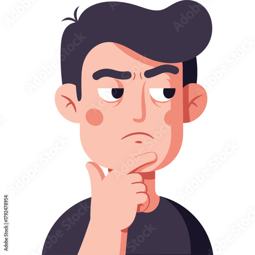 Cartoon man with thoughtful expression and hand on chin illustration thinking contemplation face character design