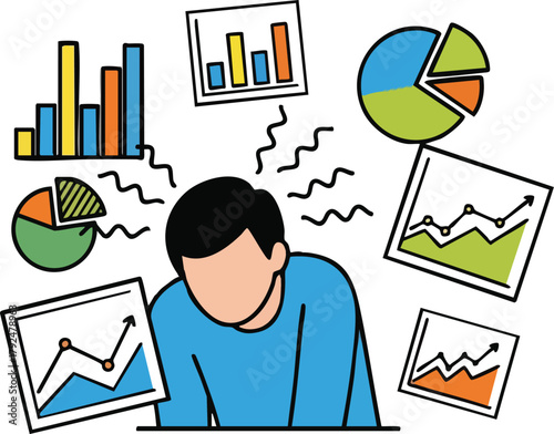 Stressed Person Surrounded by Charts and Graphs Indicating Data Overload and Business Pressure
