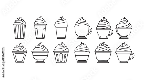 Collection of various ice cream and dessert silhouettes in cups and cones silhouette