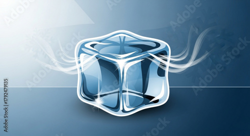 The ice cube is melting with a blue background and white smoke coming out of it, showing the coldness of the ice cube