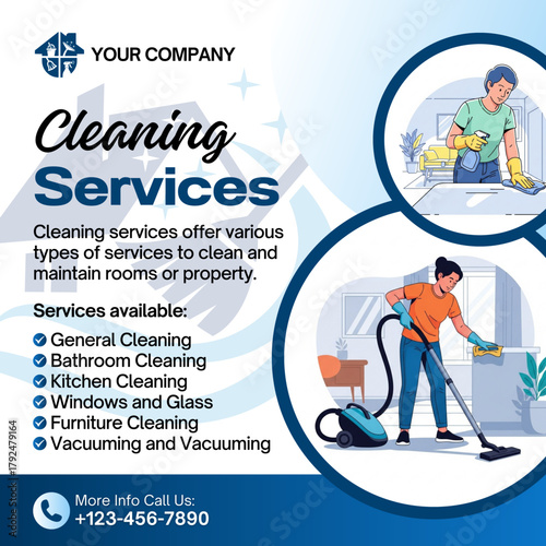 A promotional flyer for cleaning services, featuring illustrations of people cleaning a kitchen and vacuuming a floor, alongside a list of available services and contact information.