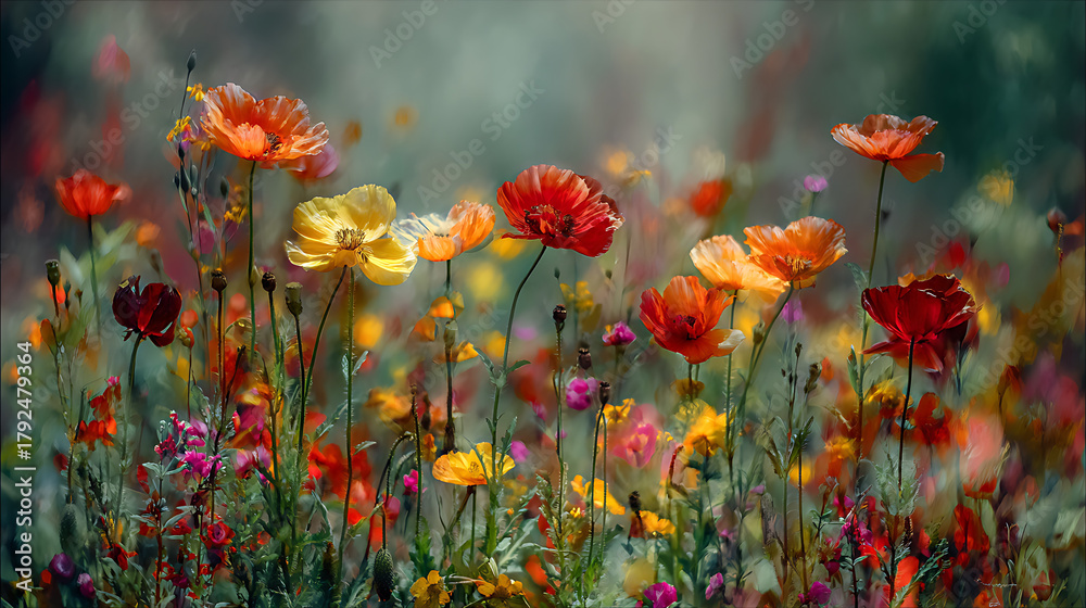 Obraz premium Vibrant painterly field of poppies and wildflowers in bloom colorful orange
