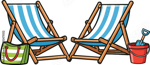 Two Striped Blue And White Beach Chairs With A Beach Bag And Red Bucket Filled With Sand And A Toy Shovel