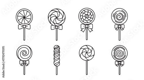 Collection of eight hand drawn lollipop designs in a simple black and white silhouette style